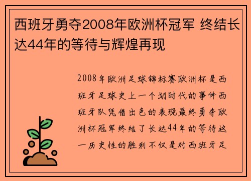 西班牙勇夺2008年欧洲杯冠军 终结长达44年的等待与辉煌再现