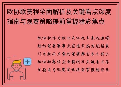 欧协联赛程全面解析及关键看点深度指南与观赛策略提前掌握精彩焦点